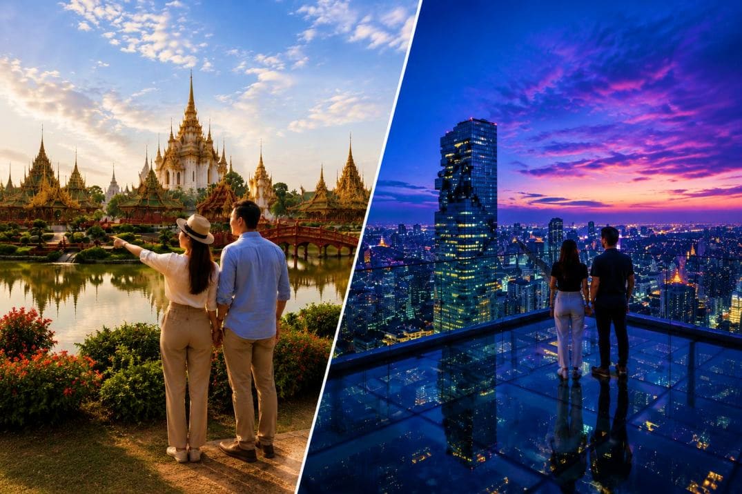 Couple viewing Thai temple and Bangkok city skyline at night from observation deck, split-image comparison of cultural and mo